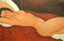 Modigliani: auf dem Rücken liegender weiblicher Akt, in diagonlaer Komposition mit leicht angezogenen Beinen